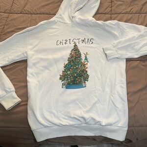 Denim & Flower White Hoodie with Colorful Christmas Tree Graphic